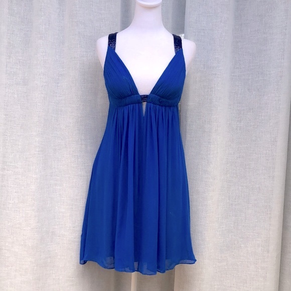 Cache cobalt blue beaded trim open back silk mini dress - Picture 1 of 14